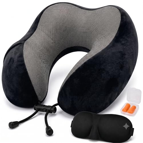 Generico Cuscino Viaggio Memory Foam Cervicale - Cuscino per Collo Ergonomico e Traspirante con Fodera Lavabile in Velluto, Kit Relax con Mascherina Occhi e Tappi Orecchie (Nero)