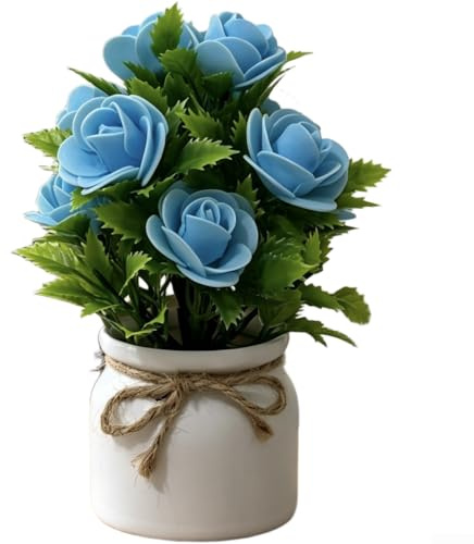 Lågvårdad skumros krukväxt med 10 blommor och plastblad i vit kruka för upptagna proffs och hyresgäster (blå)