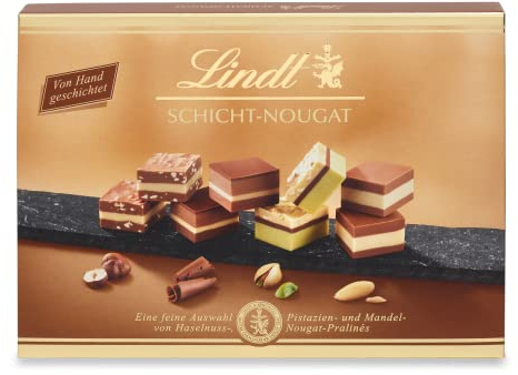 Lindt Schokolade - Schicht Pralinen | 125 g | Pralinés-Schachtel mit 12 von Hand geschichteten Mandel-, Haselnuss- und Pistazien-Nougat Spezialitäten | Pralinengeschenk | Schokoladengeschenk