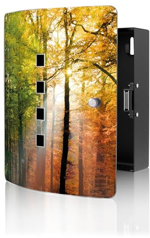 banjado Design Schlüsselkasten aus Edelstahl für 10 Schlüssel - Schlüsselschrank zur Schlüssel Aufbewahrung 24 x 21,5 x 7cm groß mit praktischem Magnetverschluss - Motiv Herbstwald