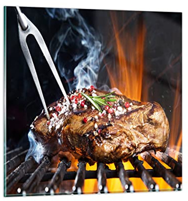 ARTTOR Bilder auf Glas 30x30cm Wandbild Glasdruck Küche - 2865 | Steak Grill Flammen Klein Modern Dekoration Wohnzimmer Schlafzimmer Küche Wanddeko Kunstdruck Art Wall Decor ARTTOR