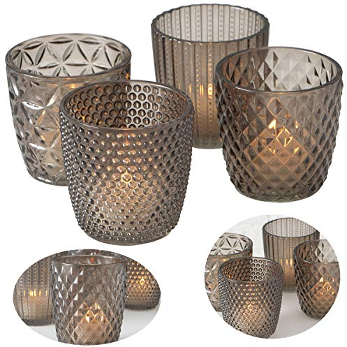 LS-LebenStil 4X Glas Teelichthalter Retro Grau Braun 7cm 4´er Set Kristall Ornament Teelicht-Gläser Windlicht-Halter Kerzenständer Tischdeko Kerzen Deko Kerzenhalter für Teelichter Hochzeit
