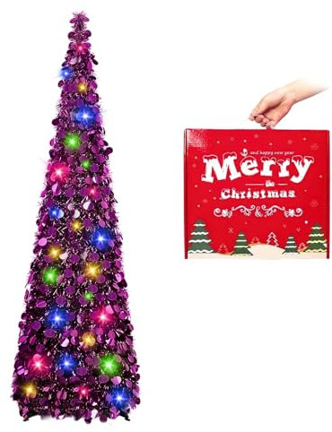 N&T NIETING Christmas Tree, 5ft Collapsible Pop Up Christmas Trees Purple Tinsel Coastal Christmas Tree for Holiday Xmas Decorations, Home Display, Office Decor