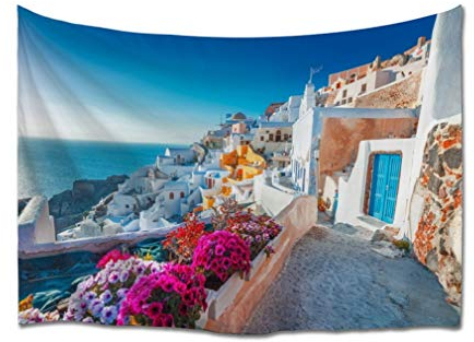 A.Monamour Wandteppich Kykladen Häuser Mit Blumen Straßen Landschaft Santorini Griechenland Tuch Mandala Boho Hippie Psychedelic Tapisserie Wandbehang Wanddekoration Modern Abstrakte Kunst