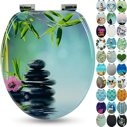 SANFINO® Premium WC Sitz mit Absenkautomatik – hochwertige Toilettendeckel aus Holz, viele bunte Motive, hoher Sitzkomfort, einfache Montage inklusive Montageanleitung – Asia II
