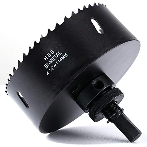 114mm(4-1/2) HSS Hole Saw for Wood, M42 Bi-Meta Vent Cutter in 30mm Cutting Depth, Black Finished Soffit Cutter Saw with Heavy Duty Hex Shank Arbor