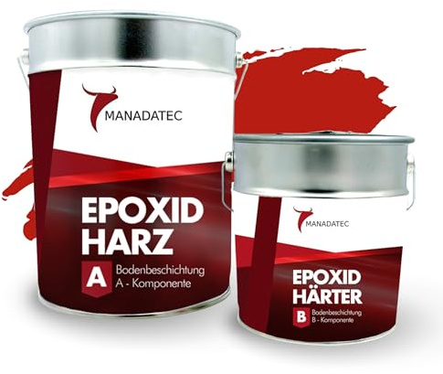 MANADATEC 2k Epoxidharz Bodenbeschichtung 1kg I RAL 3020 Verkehrsrot I Abriebfest, lösemittelfrei, geruchsneutral I Garagenbodenbeschichtung I Epoxy Bodenbeschichtung Garage I Keller Epoxidharz Boden