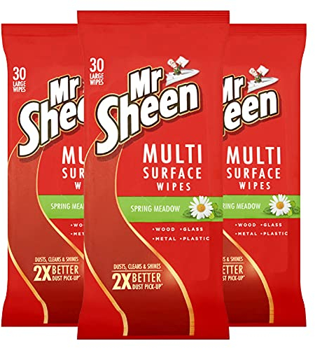 Mr Sheen Ultra Effective Wipes for Wood, Glass, Metal and Plastic, Spring Meadow Fragrance, 30 Wipes, Pack of 3 per pack, Total 90 Wipes
