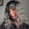 Leeven 14 Inch Ombre Grey Bob Wig with Bangs Natural Wavy Hair Replacement Wigs with Fringe Short Grey Curly Wig for Woman with Rose Wig Cap for Daily Costumes/Ombre Grey