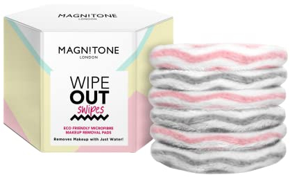 Magnitone Wipe Out Swipes Eco Friendly Microfibre Makeup Removal Cleansing Pads, Remove Makeup with Water, Reusable, Use on Sensitive Skin, Eyes and Lips, No Cleanser Needed, Silver & Pink, Pack of 6
