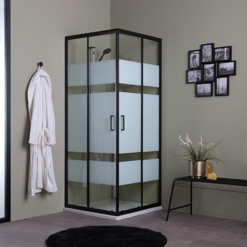Kiamami Valentina - Cabine de douche square 70x70 avec profilés noirs mats et verre sérigraphié | City