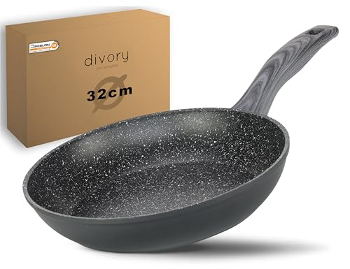 DIVORY Bratpfanne 32cm Induktion – Antihaft Beschichtete große Universalpfanne für alle Herdarten - Sichere Griffe, Spülmaschinen geeignet (Graues Holz, 32cm)