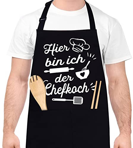 ALTcompluser Kochschürze mit Spruch Lustig Grillschürze Küchenschürze für Männer Lustige Geschenke für Papa Opa Geburtstag Vatertagsgeschenk-Hier bin ich der chefkoch