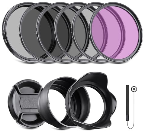 Neewer Kit de Filtro de Lente ND de 82 mm: UV, CPL (polarización Circular), FLD, ND2, ND4, ND8, Parasol y Tapa de Lente Compatible con cámaras réflex Digitales Canon, Nikon, Sony, Panasonic
