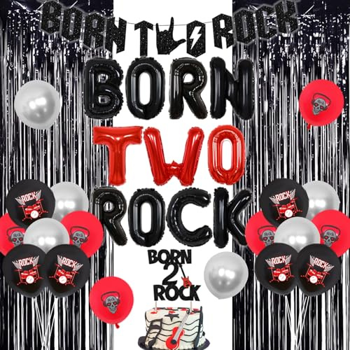 Sursurprise Born Two Rock Birthday Decorations Rock and Roll 2nd Birthday Party Supplies with Born Two Rock Balloon Banner Cake Topper Guitar Balloon Fringe Curtain for Rock Band Music Theme Party