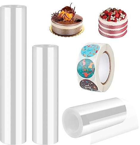 TOTSUN 3 Rolls Cake Collar, 20cm/15cm/10cm x 10m Clear Acetate Sheet Cake Roll Plastic Transparent Acetate Sheets Strips for Cake Decoration, with 1 Roll Stickers