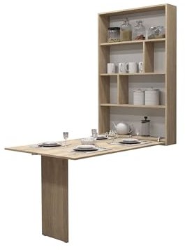 Mirjan24 Wandklapptisch Albi mit 2 Regalen (Sonoma) | Praktischer Wandtisch mit klappbarer Tischplatte, Öffnungssicherung und 4 Ablagefächern für Geschirr und Zubehör