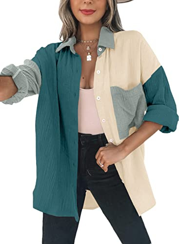 Dokotoo Bluse Damen Musselin Langarmshirt Baumwolle Lässig Oberteile Hemd Langarm Farbblock Blusen Shirts Knopfleiste Tops Hemdjacke Grün L