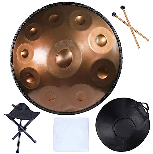 Zungentrommel für Musikinstrumente, 432-Hz-Handtrommel, handgefertigte Hohltrommel, Handpan-Stahltrommel mit Halterung, Aufbewahrungstasche, Trommelstöcke, staubfreies Tuch, 9 Töne/10 Töne/12 Töne