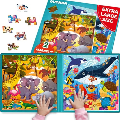 Quokka Puzzle Magnetico 3 4 Años – 2x48 Piezas Puzzle Infantil 5 6 Años – Juego Magnetico de Viaje en Coche – Rompecabezas Niños Animales Africanos y Marinos – Educativo Regalo para Niñas y Niños