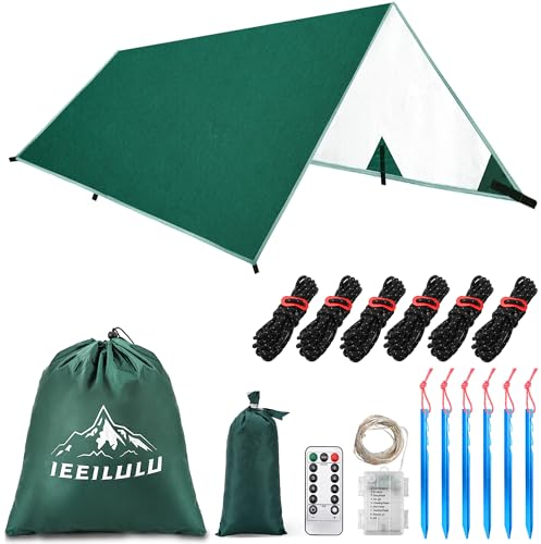 IEEILULU Bâche Anti-Pluie 3x3m, Tarp de Camping Imperméable Anti-UV Avec Œillets, 6 Piquets et 6 Cordes - Légère Pour Hamac, Tente, Randonnée et Activités Extérieures