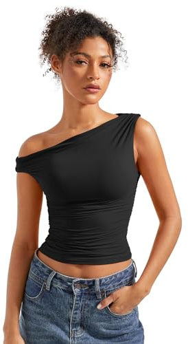 SUUKSESS Women Off Shoulder Tops Sleeveless Shirts Y2K Trendy Going Out Crop Tank Top (Black,M)