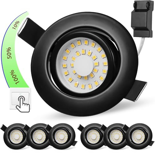 Einbaustrahler LED Schwarz 230V Dimmbar LED Spots 5W 3 Stufe Dimmbar, Deckenspots IP44 Einbauleuchten 68mm 4000K Neutralweiß Einbauspots 45° Schwenkbar Deckenstrahler Flach für Schlafzimmer, 6er Set