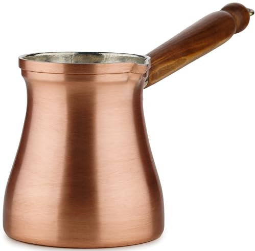 DEMMEX - Solid Brushed Copper Turkish Coffee Pot Cezve Ibrik Briki, Stovetop Greek Arabic Coffee Maker, Wooden Handle & Tin Lining, 100% Handcrafted (Copper, 450ml/5-6ppl)