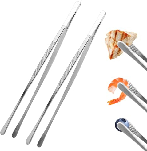 Kochpinzette Edelstahl, 2pcs Küchenpinzette Lang 30 cm Premium Grillpinzette Profi Grillzange Kochzange mit Rutschfester Griff Küchenzange für Heißluftfritteuse Kochen Zubehör, Design Gerade