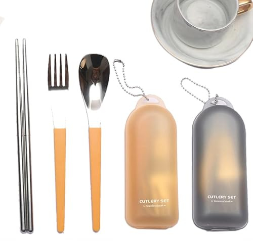 Juego de 2 cubiertos plegables de acero inoxidable con estuche, utensilios de mesa plegables portátiles de viaje, cuchara, tenedor, palillos para picnic y camping