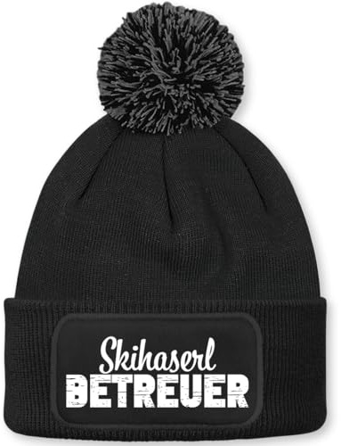 Prozente Momente Skihaserl Betreuer - Beanie mit Bommel | Strickmütze | Wollmütze | Beanie mit Druck | lustige Sprüche | Apres-Ski | Winter | Schwarz