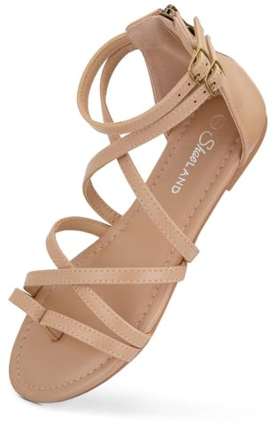 Shoe Land SL-Monaco Women's Gladiator Flat Sandals with Back Zipper Closure, Casual Beach Fisherman Thong Sandals, Cross Strappy Flats for Daily Wear and Summer, Taupe, 6 UK