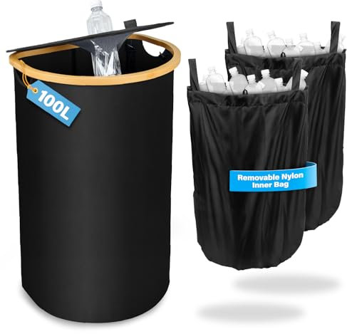 MOWETOO Pfandflaschen Sammelbehälter, 100L Pfandflaschen Aufbewahrung mit 2 Innentasche, Flaschensammler Leergut & Altglas & Altpapier Sammelbehälter, Recycling Behälter mit Deckel und Loch für Küche