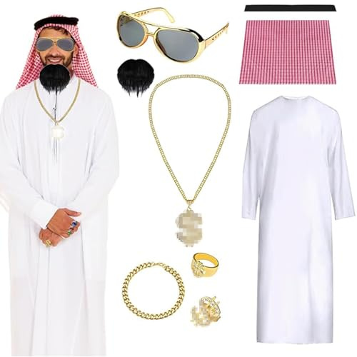 Aicerous Carnaval Costume Sceicco Arabo, Vestito Arabo, Arab Costume Set, con occhiali sole, collane, anello, barba, ideal per Carnaval, Mascherata, Cosplay (L)
