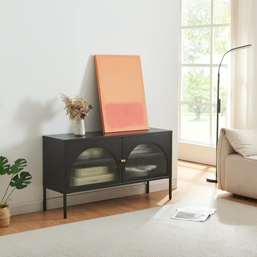 [en.casa] Mobile TV Tavolino Porta TV con Scomparto Chiuso Ante con Vetro Cannettato Mobile Basso Stand TV e Centri Multimediali 115x35x64 cm Acciaio Nero Opaco