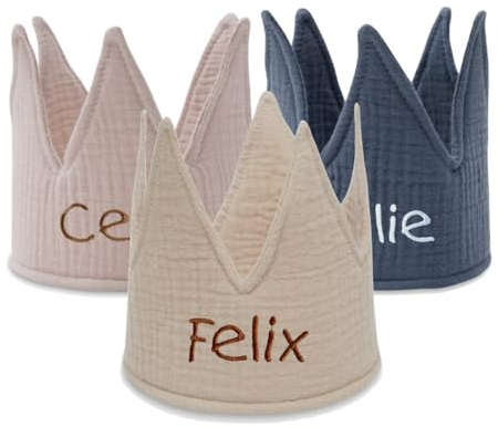 Manufaktur Liebevoll | Geburtstagskrone Personalisiert ab 1. Geburtstag Kind Stoffkrone Musselin mit Namen Krone Mädchen Junge (Beige)
