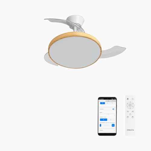 CREATE / WIND CLEAR STUDIO S/Ventilador de techo con luz blanco y madera clara con Wifi y mando / 40W, Temporizador, Ø 91 cm, aspas retráctiles, 3 temperaturas de luz, función verano-invierno