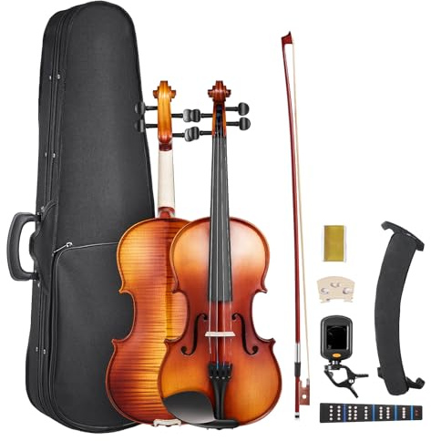 VEVOR Violon 4/4, Kit Violon Débutants Bois Massif avec Étui, Colophane, Archet, Épaulière, Chevalet, Cordes Rechange, Instrument Musique Professionnel pour Étudiants, Adultes, Marron Brillant Motif