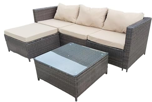 COZYBRITE Garden Furniture Rattan Corner Sofa Set with Glass Coffee Table Ottoman for Patio Outdoor Lounge All-weather SFS066 (Mix Dark Natrual Brown+Brown Cushion)