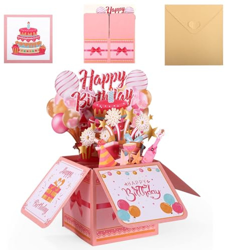 JJBAOER 3D Happy Birthday Pop Up Card for Women & Girls - Fireworks & Balloons Design | Universal for Mom, Daughter, Grandma, Aunt, Sister & Friends