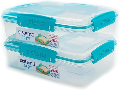 Sistema Snack Attack Duo To Go Brotdose – 2er Set | 975ml Lunchbox mit 3 Fächern | BPA-frei, stapelbares Design | Zufällige Farben