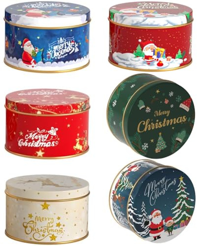 Brxmpn 6pcs Christmas Tin Box Metal Xmas Cookie Tin Can Round Candy Jars Tinplate Retro Tins Storage Containers for Cookies, Spices, Tea, Candies, Cakes