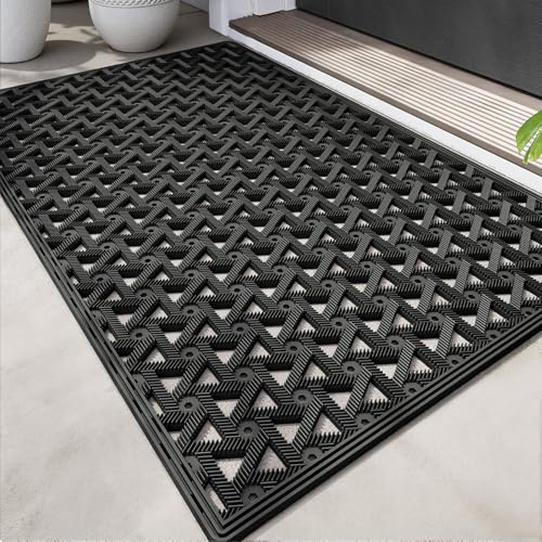 DEXI Utomhusdörrmatta 61 x 91 cm, halkfria smutsfångare dörrmattor vattentäta med dräneringshål, lågprofilmatta för entré, uteplats, trädgård, svart
