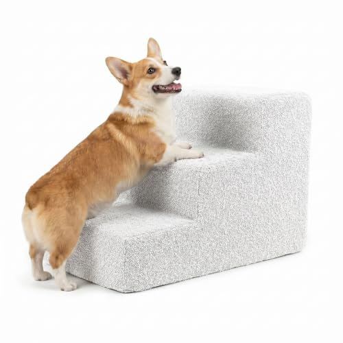 murando - Scala per Cani Piccoli, 3 Gradini 30cm, Scaletta per Cani e Gatti | Scale per Cane, Antiscivolo, per Letto Divano e Auto, Fodera Sfoderabile e Lavabile, Bouclé Crema, Produzione Europea
