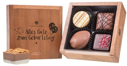 CHOCOLISSIMO - Cioccolatini da Regalare in una Scatola di Legno - Idee Regalo di Compleanno per Uomini, Donne, Papà, Mamme e Fidanzate - Praline Con Alcol e Scritta Alles Gute Zum Geburtstag