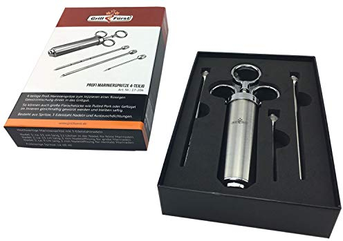 Grillfürst Profi Marinierspritze aus Edelstahl - 60ml - Set mit 3 Nadeln - Marinadenspritze - BBQ Bratenspritze - Fleischspritze