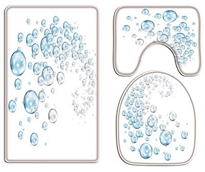 A.Monamour Badezimmer Badematte 3 Teilig Set Blaue Wasser Blasen Weiße Abstrakte Kunst Druck Toilettenkappen Abdeckungen Flanell Saugfähig Badteppiche Badvorleger Badgarnitur WC Vorleger