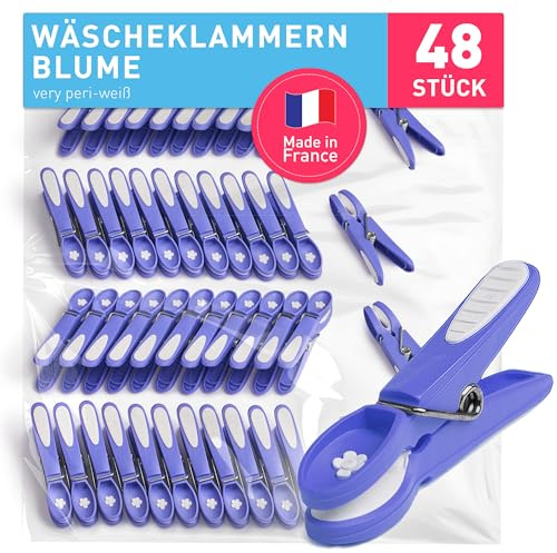culiclean Wäscheklammern ohne Abdruck, Blume, 48x, Very peri-Weiss | Stabile Wäscheklammern für den Außenbereich, Softgrip Kluppen 80 mm, bruchsicher, UV-beständig, BPA-frei, Made in France