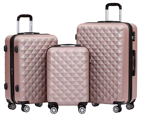 BEIBYE Zwillingsrollen 2066 Hartschale Trolley Koffer Reisekoffer Gepäck M-L-XL-Set (Rosa Gold, Set)
