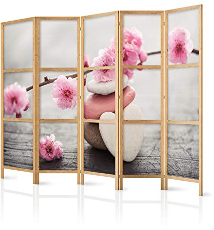 murando - Paravent Raumteiler Holz Spa Zen, 225x172 cm, 5-teilig, modern | Mobiler Sichtschutz, sofort einsatzbereit, Holzrahmen, ideal fürs Wohnzimmer oder Büro, geruchsneutral, lichtbeständig